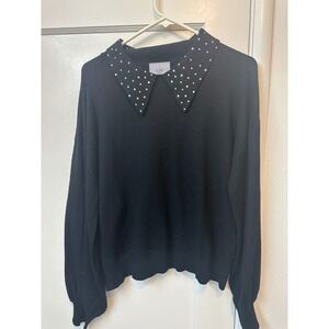 LIV Milano Womens Black Rhinestone Collared Knit Sweater Size L Long Sleeve